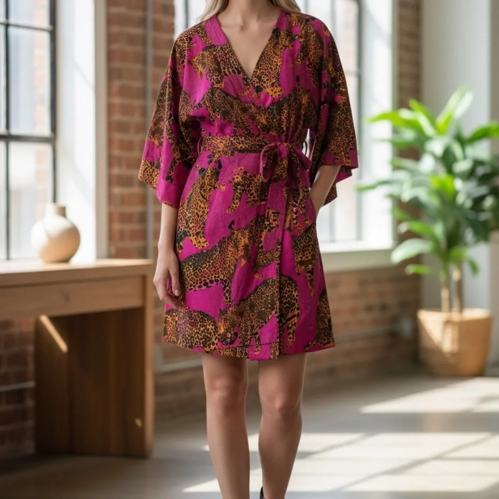 Farm Rio Rare Linen Leopard Print Wrap Dress, sz Small, P - Picture 3 of 6